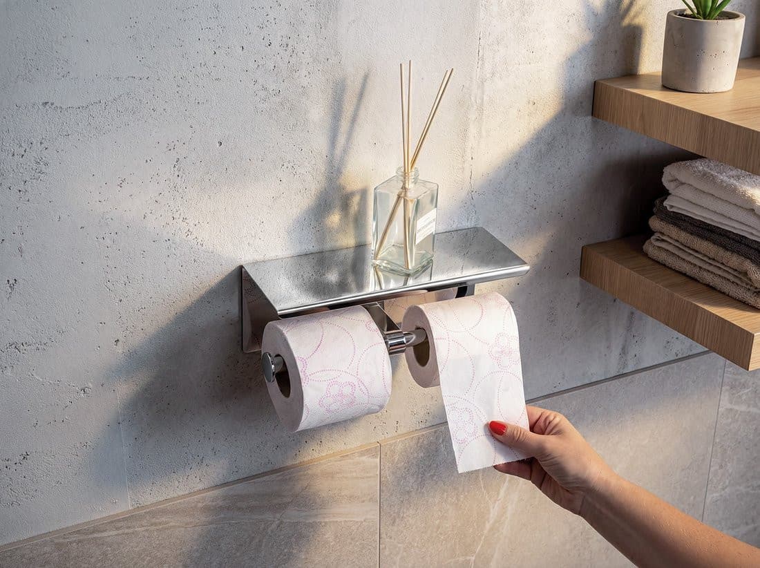 Podwójny wieszak na papier toaletowy z półką 30cm, chrom