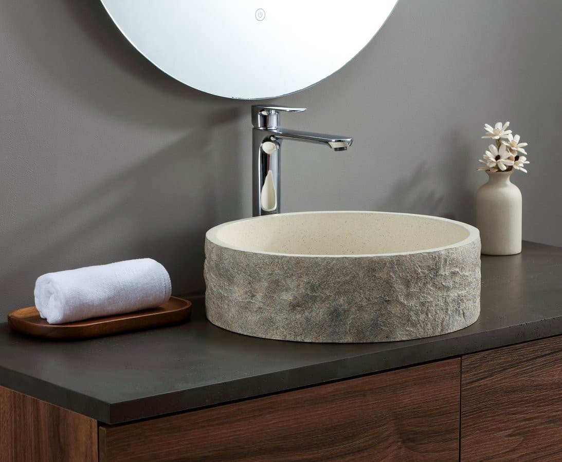 ISPIR betonowa umywalka z odpływem, 40cm, biały piaskowiec