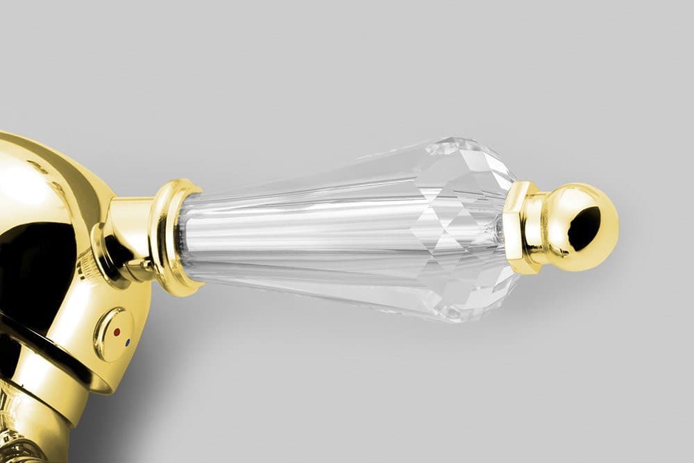 KIRKÉ CRYSTAL bateria bidetowa z odpływem, uchwyt kryształ, złoto