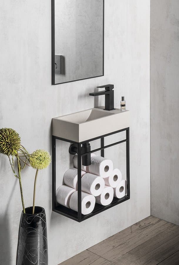 CREST R umywalka betonowa z odpływem, 40x22cm, biały piaskowiec