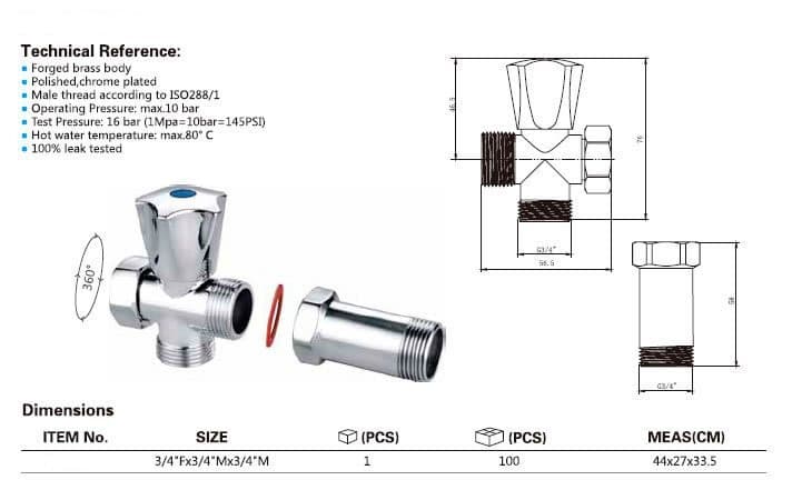 Zawór pralki przed baterią ścienną z zaworem zwrotnym 3/4"x3/4", chrom