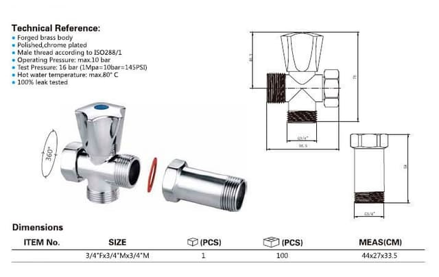 Zawór pralki przed baterią ścienną z zaworem zwrotnym 3/4"x3/4", chrom