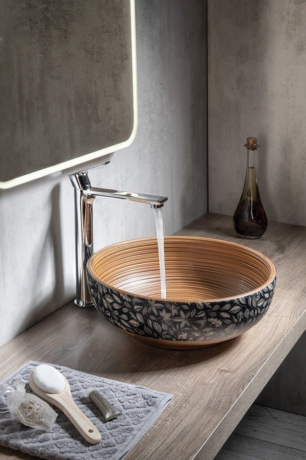 PRIORI umywalka ceramiczna nablatowa Ø 41 cm, brązowy z niebieskim wzorem