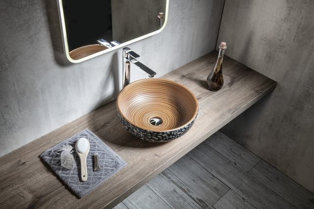 PRIORI umywalka ceramiczna nablatowa Ø 41 cm, brązowy z niebieskim wzorem