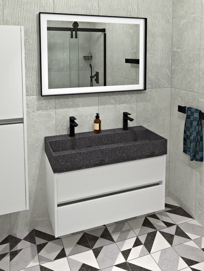 QUADRADO umywalka betonowa podwójna z odpływem, 96x44cm, czarny granit