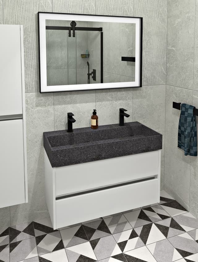 QUADRADO umywalka betonowa podwójna z odpływem, 96x44cm, czarny granit