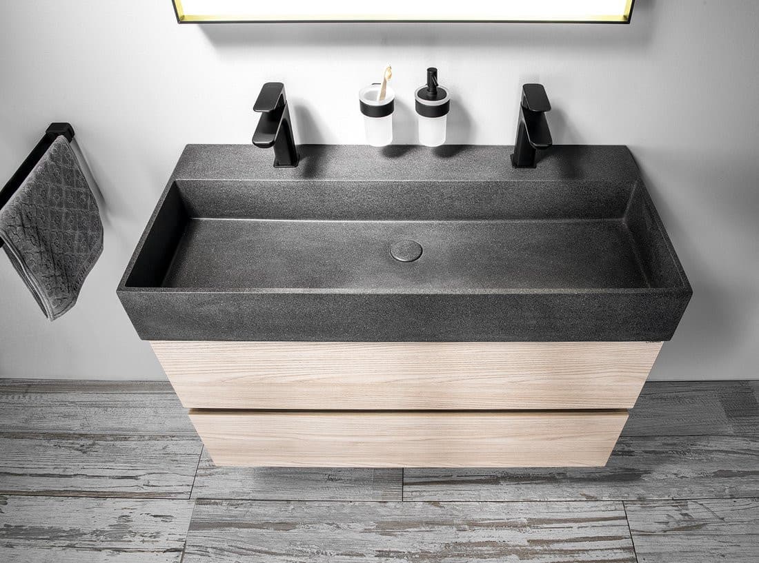 QUADRADO umywalka betonowa podwójna z odpływem, 96x44cm, czarny granit