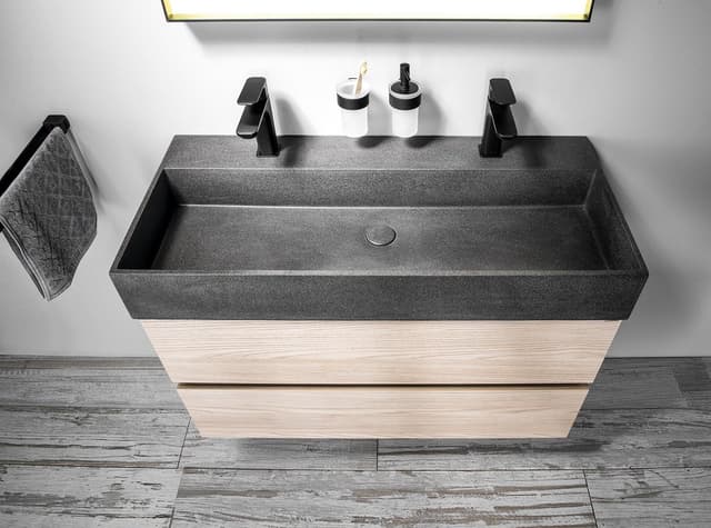 QUADRADO umywalka betonowa podwójna z odpływem, 96x44cm, czarny granit