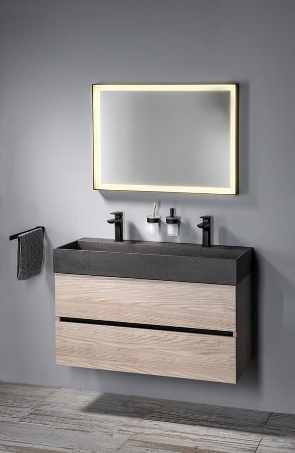 QUADRADO umywalka betonowa podwójna z odpływem, 96x44cm, czarny granit