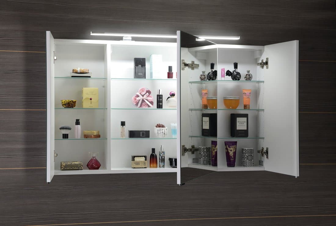 RIWA szafka z lustrem, oświetlenie LED, 3 drzwiczki, 121x70x17cm, dąb srebrny