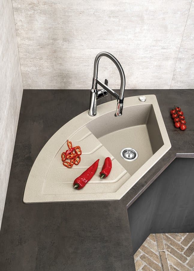 Zlewozmywak granitowy narożny jednokomorowy z ociekaczem, 114x57,5cm, beżowy