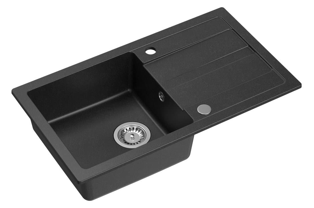 Zlewozmywak granitowy wpuszczany jednokomorowy z ociekaczem, 77x44cm, czarny