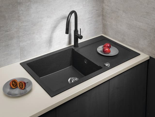 Zlewozmywak granitowy wpuszczany jednokomorowy z ociekaczem, 97x50cm, czarny