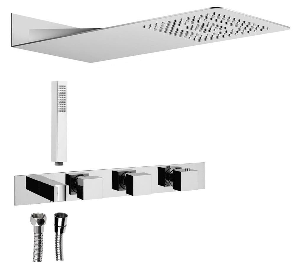 Zestaw prysznicowy z baterią termostatyczną z uchwytem rączki prysznicowej, 2 funkcyjny, deszczownia kwadratowa, chrom