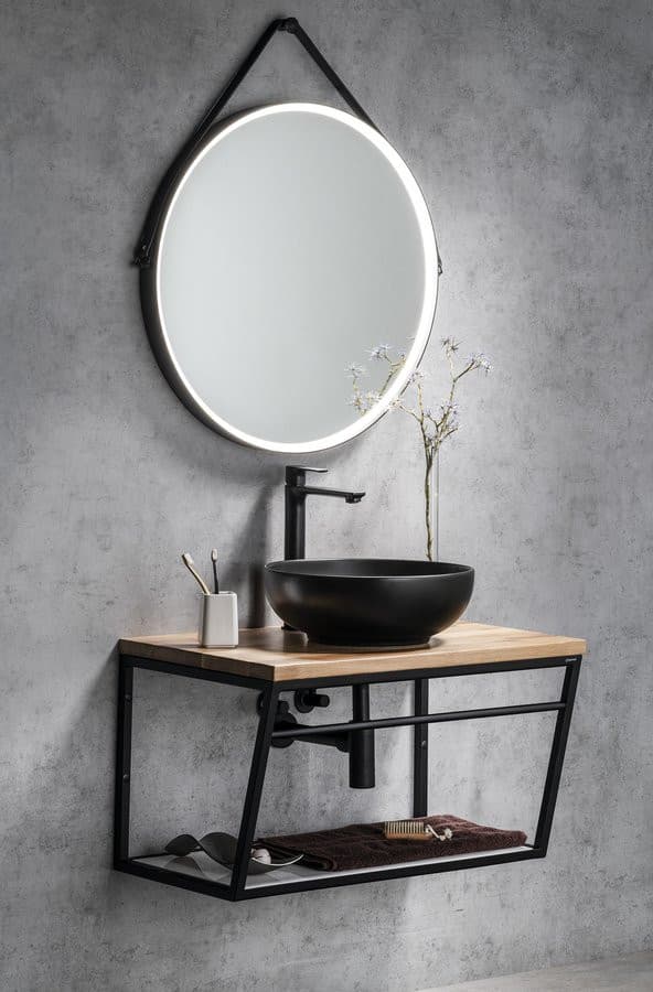 ORBITER okrągłe lustro z oświetleniem LED ze skórzanym paskiem, ø 70cm, czarny mat