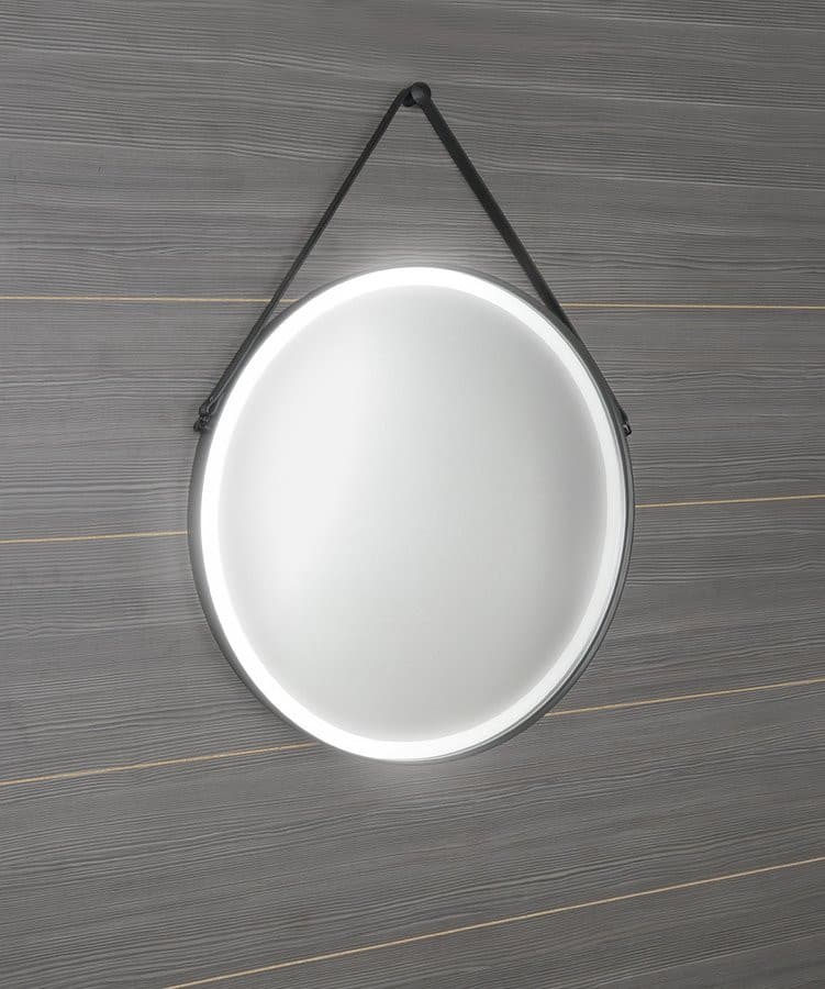 ORBITER okrągłe lustro z oświetleniem LED ze skórzanym paskiem, ø 70cm, czarny mat