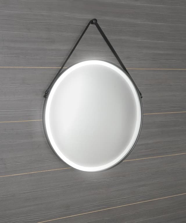 ORBITER okrągłe lustro z oświetleniem LED ze skórzanym paskiem, ø 70cm, czarny mat