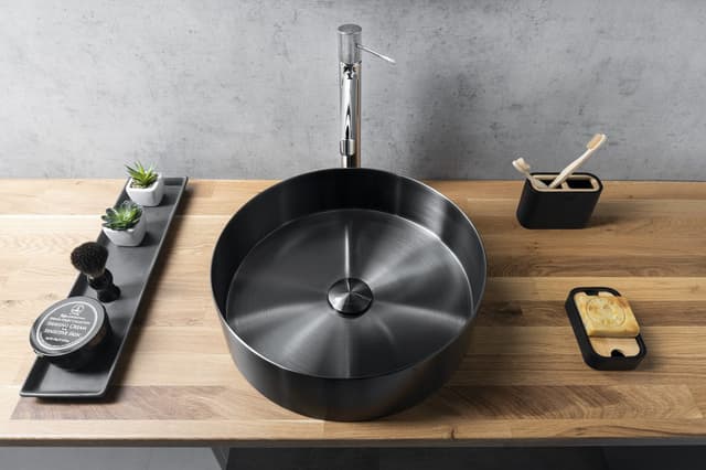 AURUM umywalka ze stali nierdzewnej, średnica 38cm, z korkiem, gun metal