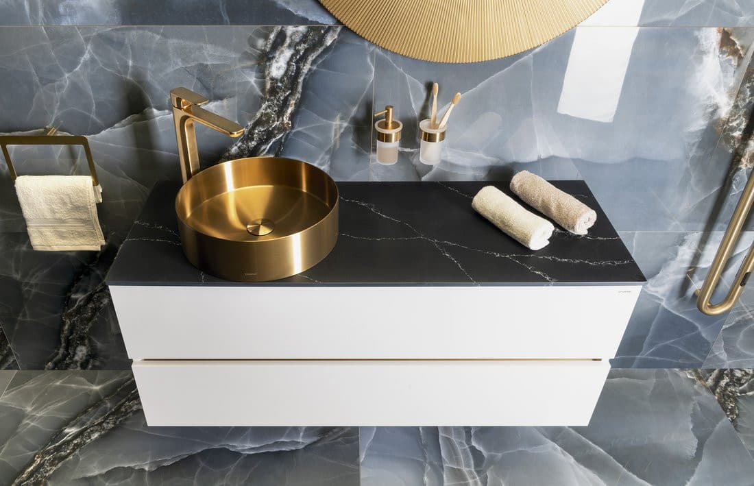 AURUM umywalka ze stali nierdzewnej, średnica 38cm, z korkiem, złoto mat