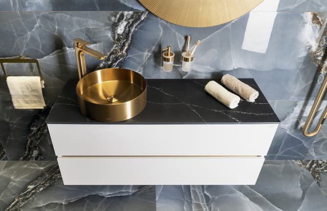 AURUM umywalka ze stali nierdzewnej, średnica 38cm, z korkiem, złoto mat