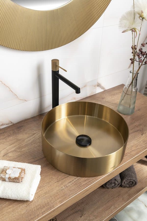 AURUM umywalka ze stali nierdzewnej, średnica 38cm, z korkiem, złoto mat