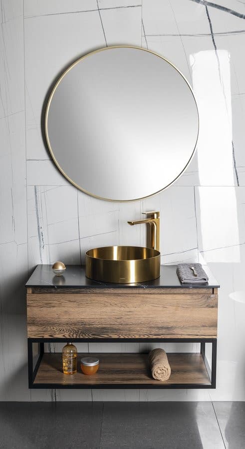 AURUM umywalka ze stali nierdzewnej, średnica 38cm, z korkiem, złoto mat