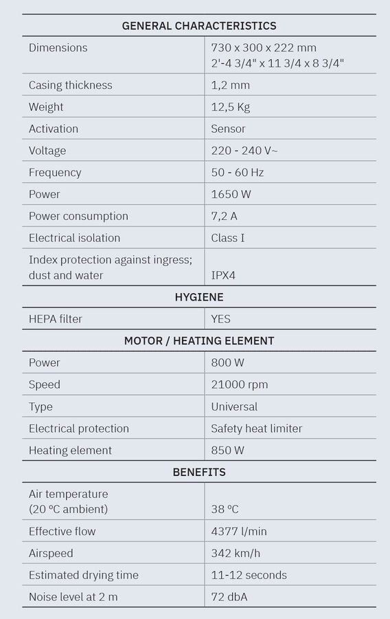 V-JET INOX bezdotykowa suszarka do rąk, 220-240V, 1650W, 300x730x222mm, stal nierdzewna mat
