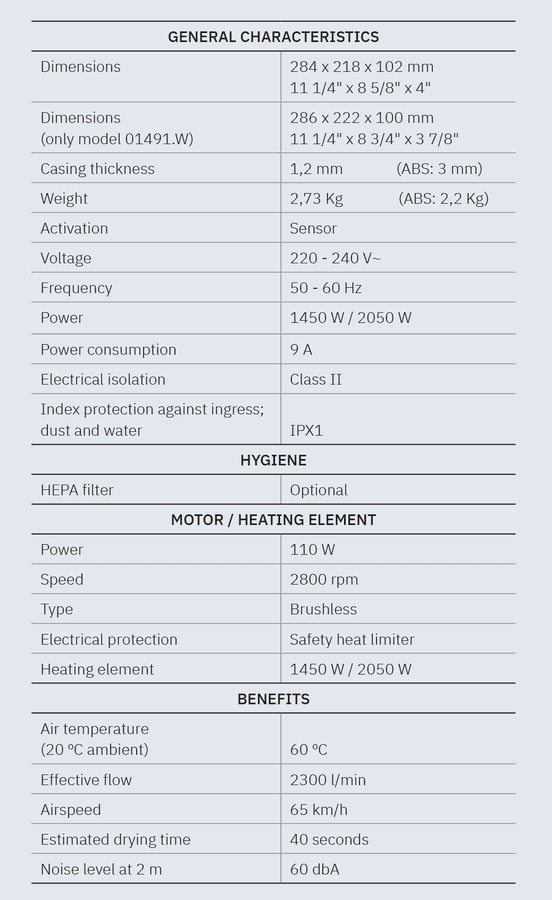 BIGFLOW EVO elektryczna suszarka do rąk, bezdotykowa 220-240V, 2050W, 218x284x102mm, biały