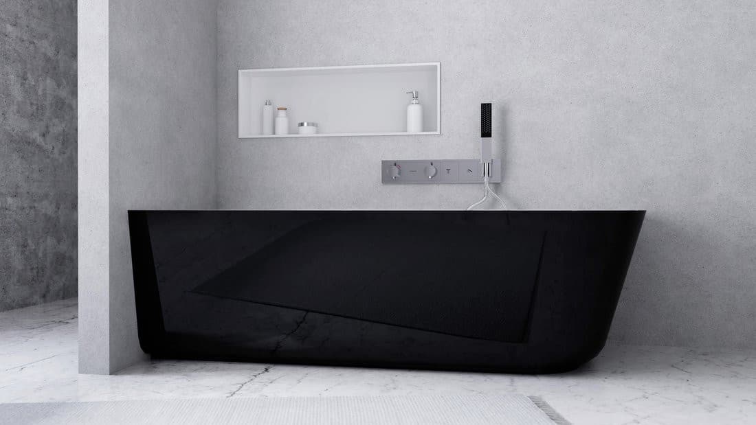 SUSSI L wanna przyścienna, narożna, kompozyt, 150x70x49,5cm, czarny/biały