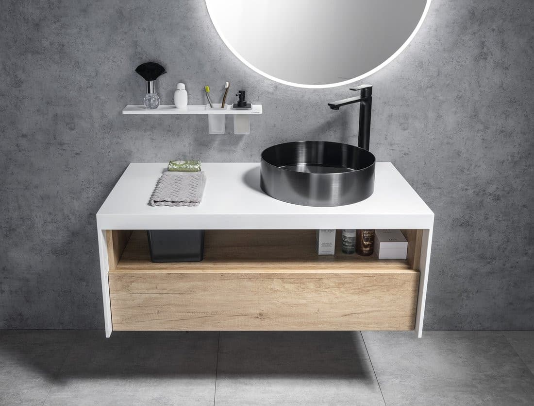 ABELINE półka, kubek + dozownik mydła/czarny, 600mm, Rockstone, biały mat