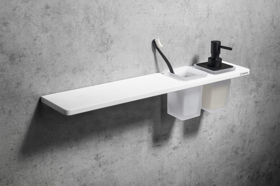 ABELINE półka, kubek + dozownik mydła/czarny, 600mm, Rockstone, biały mat