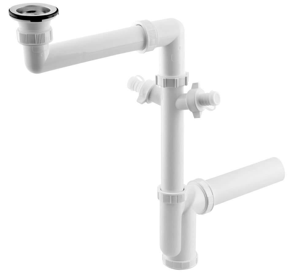 Syfon zlewozmywakowy oszczędzający miejsce, 2 podłączenia, spust z korkiem, 6/4", DN40, biały