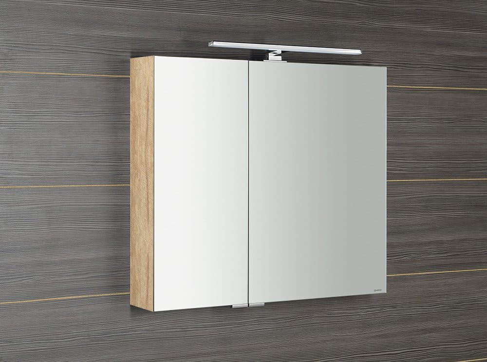MIRRÓ szafka z lustrem, oświetlenie LED, 3 drzwiczki, 120x70x16cm, dąb Alabama