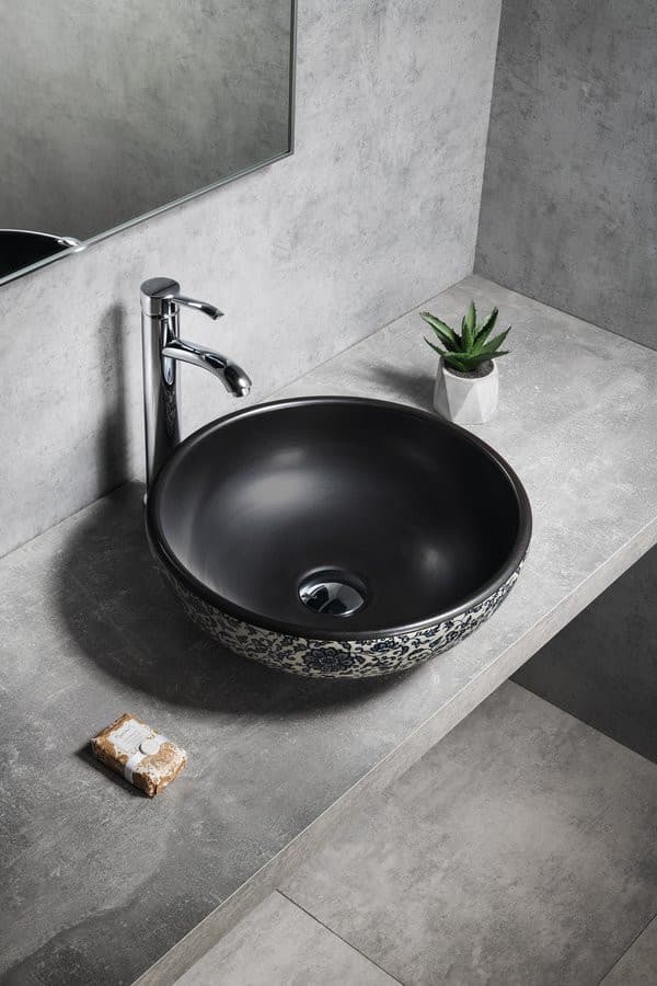 PRIORI umywalka ceramiczna nablatowa Ø 41cm, czarny z niebieskim wzorem