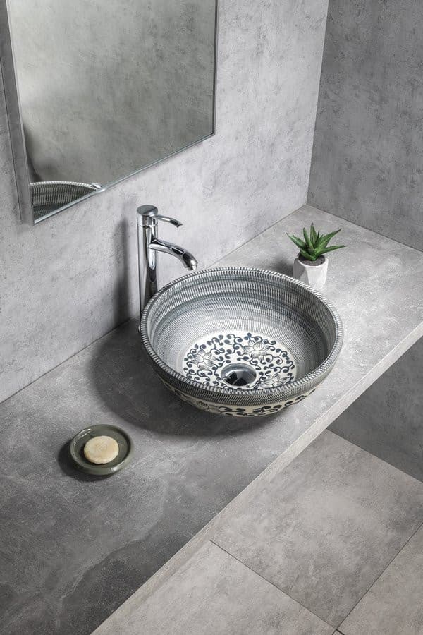 PRIORI umywalka ceramiczna nablatowa Ø 41 cm, niebieski ze wzorem