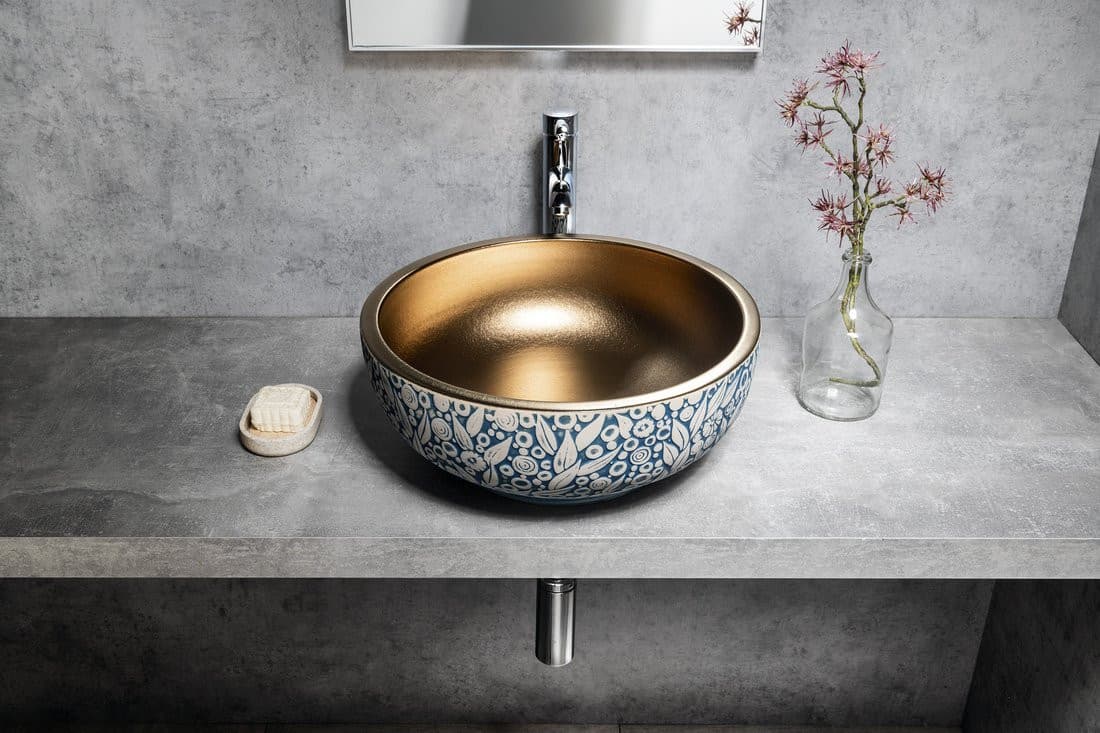 PRIORI umywalka ceramiczna nablatowa Ø 41 cm, miedź/niebieski ze wzorem