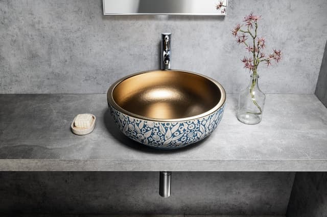 PRIORI umywalka ceramiczna nablatowa Ø 41 cm, miedź/niebieski ze wzorem