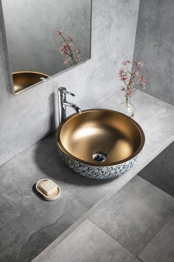 PRIORI umywalka ceramiczna nablatowa Ø 41 cm, miedź/niebieski ze wzorem