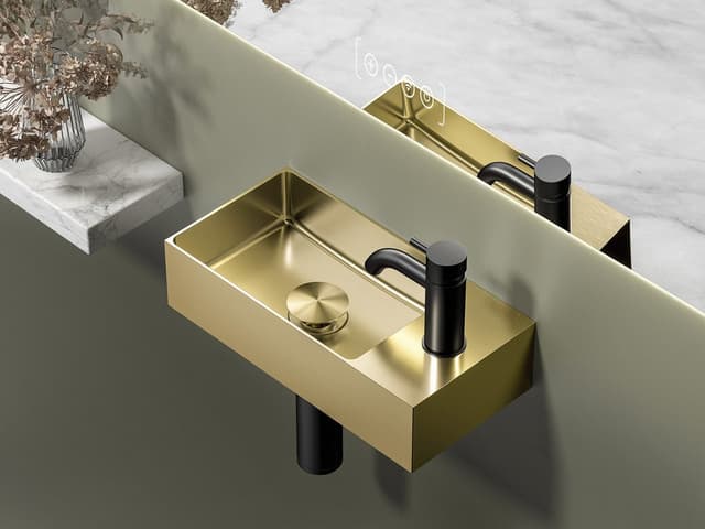 AURUM umywalka ze stali nierdzewnej, 36,5x18cm, z korkiem, lewa/prawa, złoto mat