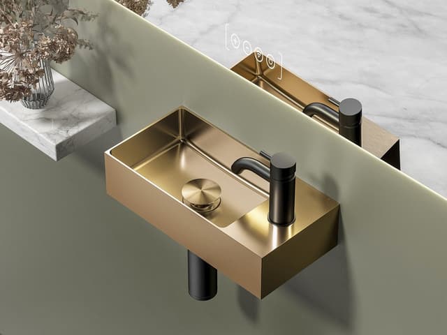 AURUM umywalka ze stali nierdzewnej, 36,5x18cm, z korkiem, lewa/prawa, miedź mat