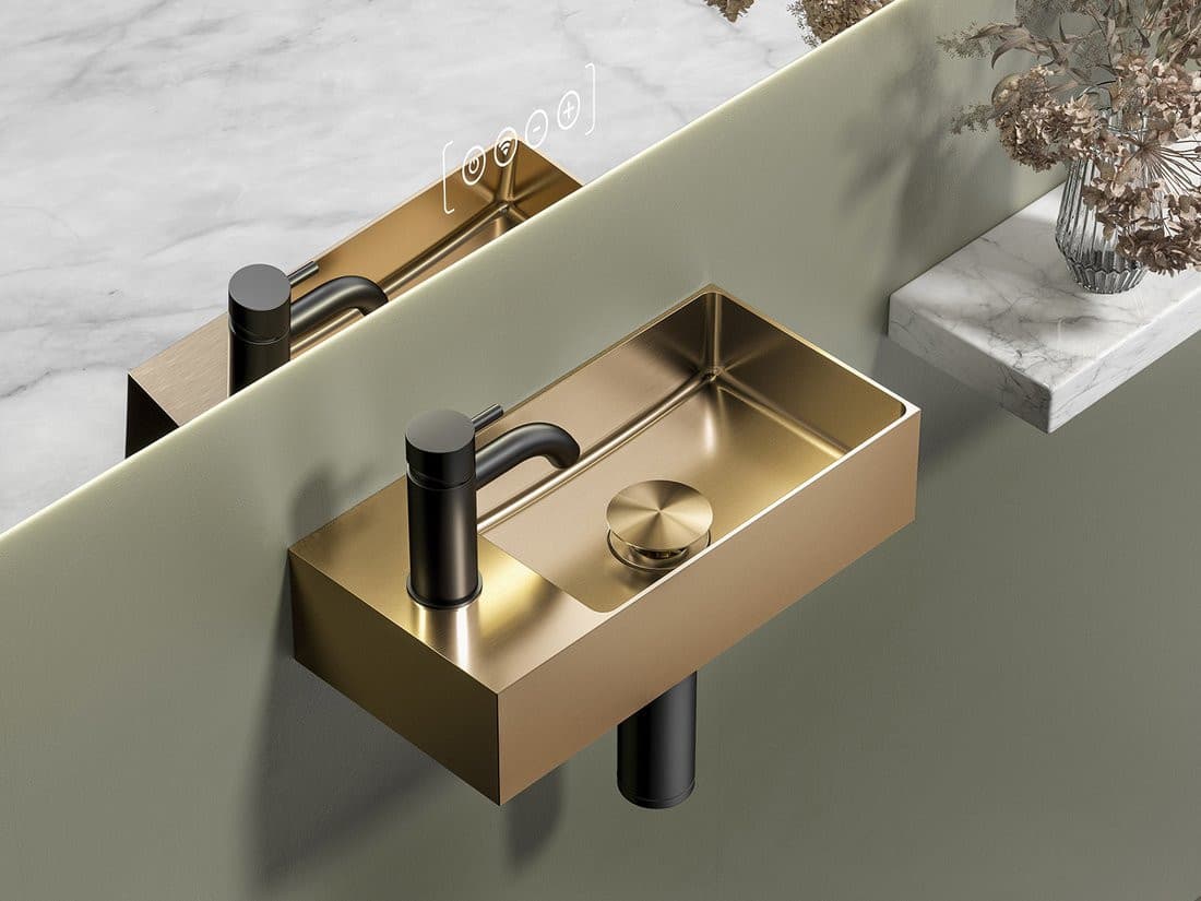 AURUM umywalka ze stali nierdzewnej, 36,5x18cm, z korkiem, lewa/prawa, miedź mat