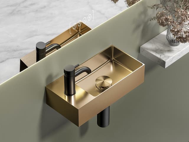 AURUM umywalka ze stali nierdzewnej, 36,5x18cm, z korkiem, lewa/prawa, miedź mat