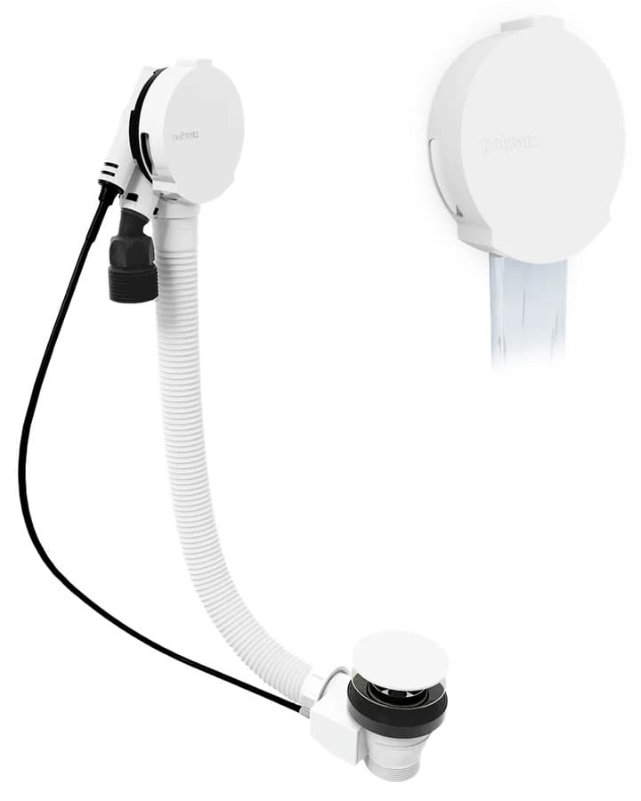 Zestaw odpływowy z napełnianiem, długość 800mm, korek automatyczny 72mm, biały