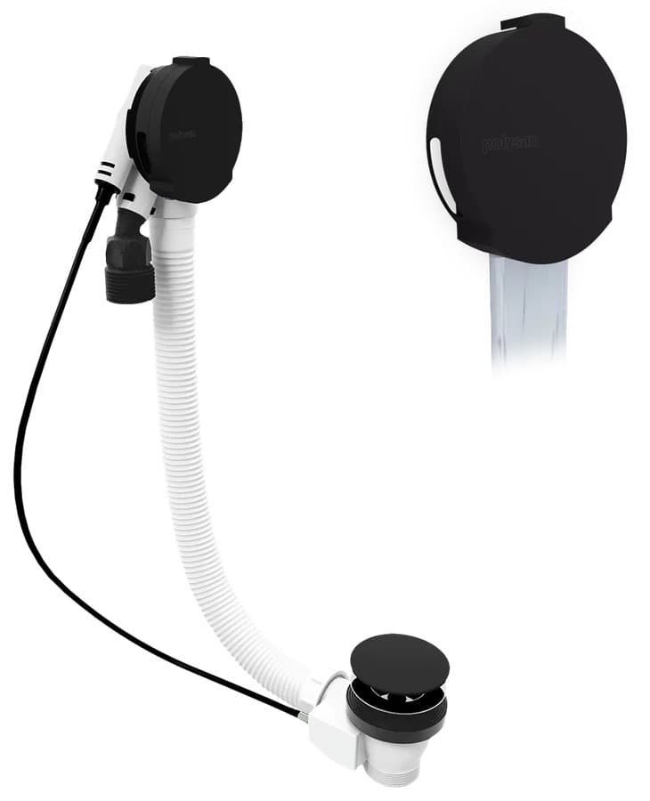 Zestaw odpływowy z napełnianiem, długość 800mm, korek automatyczny 72mm, czarny mat