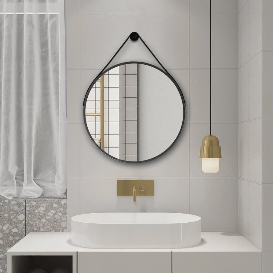 STAGO okrągłe lustro ze skórzanym paskiem, średnica 60cm, czarny mat