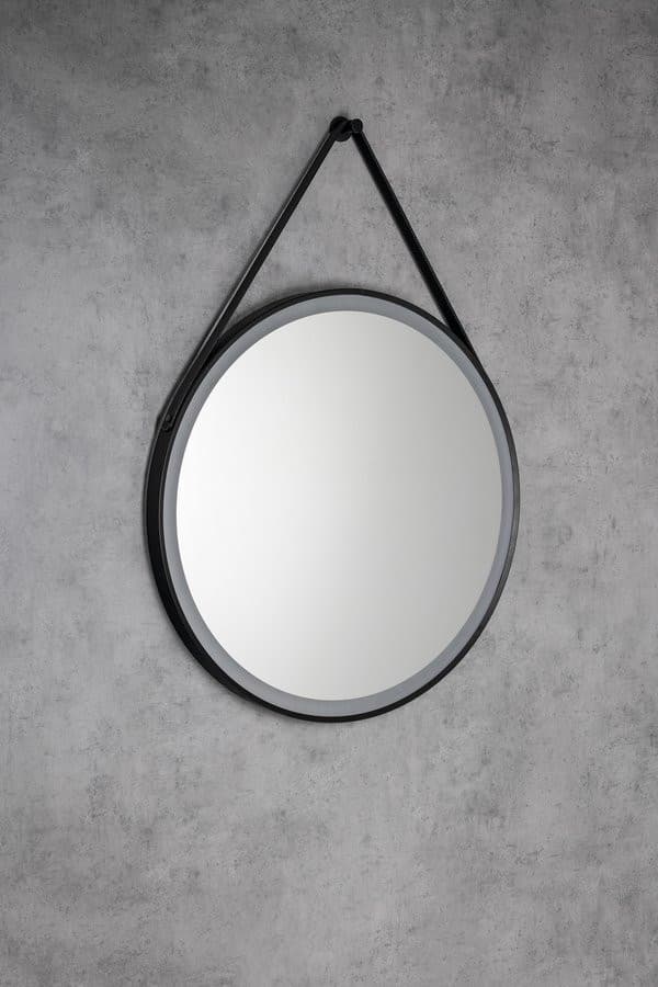 STAGO okrągłe lustro z oświetleniem LED średnica 60cm, ze skórzanym paskiem, czujnik dotykowy, ściemnialne, czarny mat