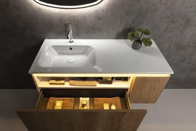 LOREA szafka z umywalką 121x46x51,5cm (90+30cm), lewa, dąb Alabama/biały mat