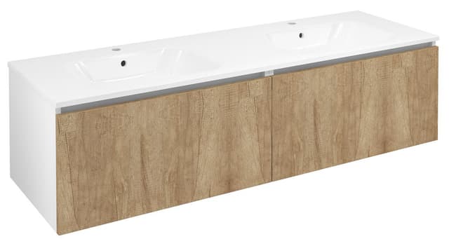 LOREA szafka z podwójną umywalką 141x46x51,5cm (70+70cm), dąb alabama/biały mat