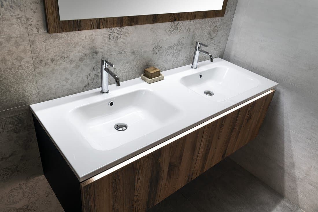 LOREA szafka z podwójną umywalką 141x46x51,5cm (70+70cm), dąb collingwood/czarny mat