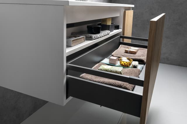 LOREA szafka z umywalką 141x46x51,5cm (70+70cm), lewa, dąb collingwood/czarny mat